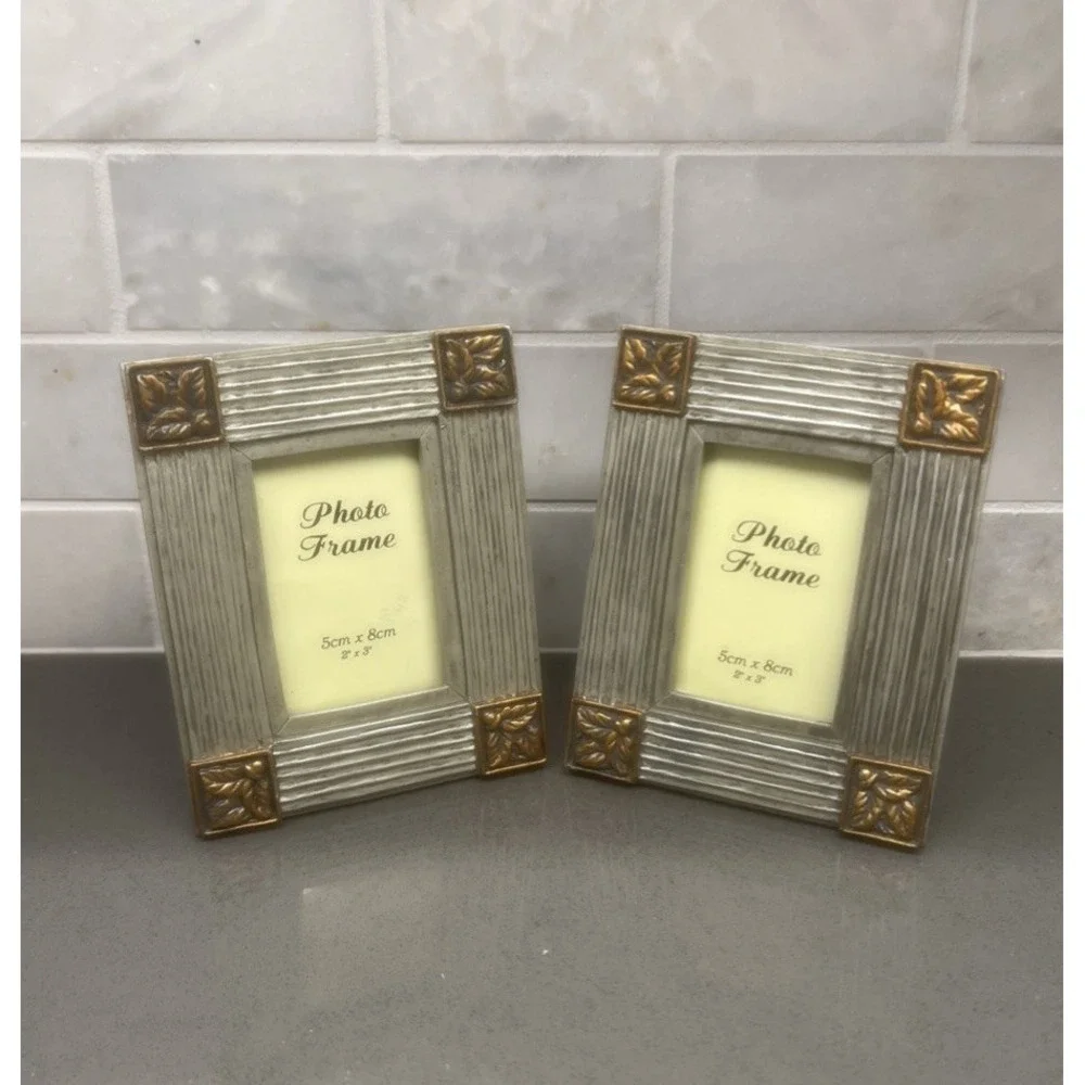 Set of 2 Small Wood Picture Frames Embellished Bronze Tone for 3x2 Photos